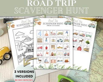 Afdrukbare roadtrip-speurtocht voor kinderen | Reisspel met 3 niveaus + bonus trivia en kleurplaat | Auto, vakantie, voorschoolse activiteit