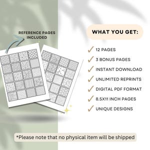 Peut inclure: Deux pages blanches de format 21,6 x 27,9 cm avec des motifs g&eacute;om&eacute;triques, intitul&eacute;es "REFERENCE PAGES INCLUDED". Le texte "WHAT YOU GET:" est suivi d'une liste de caract&eacute;ristiques, dont "12 PAGES" et "UNIQUE DESIGNS". Le texte "Please note that no physical item will be shipped" est &eacute;galement pr&eacute;sent.