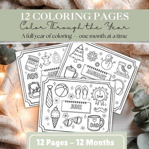 May include: A set of 12 coloring pages, each representing a month of the year. The pages feature line art illustrations of seasonal objects and text, including "January," "June," and "August." The title reads "12 Coloring Pages Color Through the Year."
