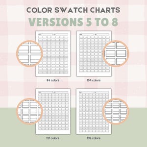 May include: Color swatch charts, versions 5 to 8, with 84, 104, 117, and 135 color options. Each chart features a grid of rectangular boxes for color swatches. The text "COLOR SWATCH CHARTS" and "VERSIONS 5 TO 8" are at the top.