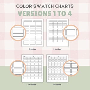 May include: Color swatch charts with the text "VERSIONS 1 TO 4". The image shows four different charts with varying numbers of color swatches: 15, 24, 40, and 60 colors. Each chart has a grid of rectangular boxes.