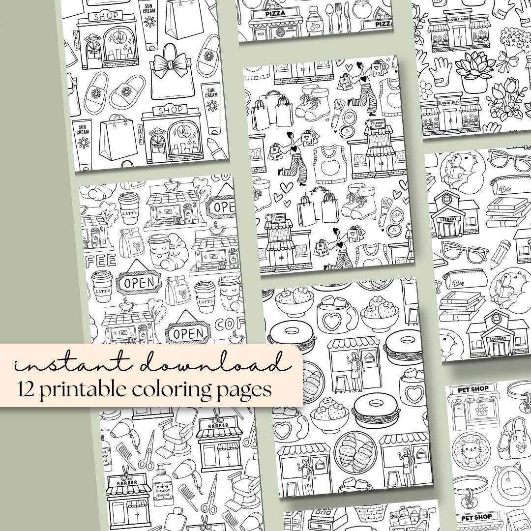 Tiny Shops Coloring Pages | Storefront Pattern Bundle | 15 Printable ...