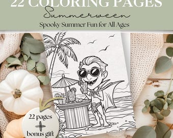 Páginas para colorear de verano / Libro para colorear de Halloween de verano para niños y adultos / Imprimible PDF lindo y espeluznante / Fiesta divertida en la playa con esqueleto fantasma