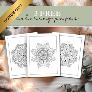 May include: Three black and white coloring pages with intricate mandala designs. The pages are displayed on a soft, neutral-toned background. The text "3 FREE coloring pages" is visible above the pages, with a "BONUS GIFT" banner.