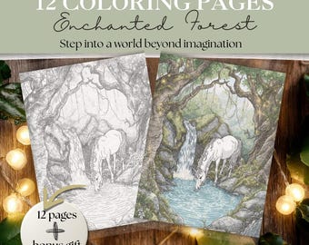 Coloriages de la forêt enchantée | Scènes de forêt magiques avec cristaux, champignons, animaux et arbres fantastiques | Coloriage adulte | Forêt majestueuse