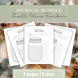 May include: A journal bundle with the text "Journal Bundle" and "Small Wins Tracker". The pages feature a jar graphic filled with dots, with space for tracking goals and rewards. The bundle includes 5 pages in 3 sizes.