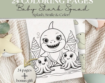 Baby Shark Coloring Pages Kids | Cute Ocean Animals | Printable Toddler or Preschool Activity | 24 Pages + Bonus | Underwater Coloring PDF