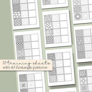 Pu&ograve; includere: Dieci fogli di allenamento con 40 motivi Zentangle. Ogni foglio presenta una griglia di 16 quadrati, con 40 esclusivi disegni Zentangle in bianco e nero. I fogli sono disposti su uno sfondo verde chiaro.