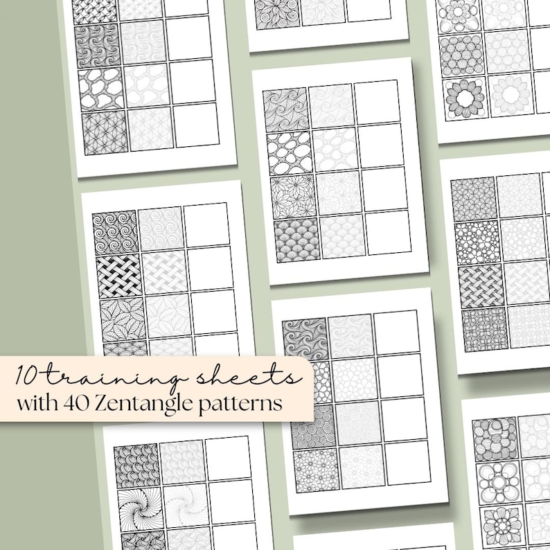Pu&ograve; includere: Dieci fogli di allenamento con 40 motivi Zentangle. Ogni foglio presenta una griglia di 16 quadrati, con 40 esclusivi disegni Zentangle in bianco e nero. I fogli sono disposti su uno sfondo verde chiaro.