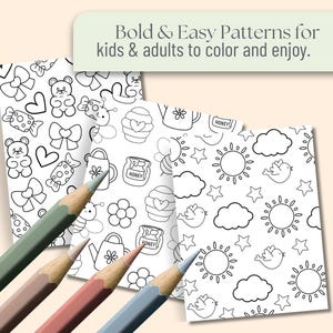 May include: Four colouring pages with black and white line drawings of various patterns, including teddy bears, bows, honey pots, and suns. The text at the top reads "Bold & Easy Patterns for kids & adults to colour and enjoy." Four coloured pencils are in the foreground.