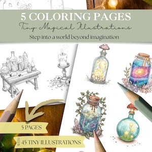 Malutkie magiczne ilustracje | 45 fantazyjnych kolorowanek fantasy | Przytulna, zaczarowana mini sztuka dla relaksu i kreatywności | Mikstury do kolorowania