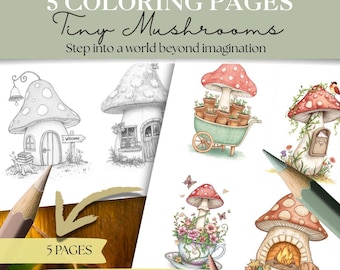 Tiny Mushroom Illustrations Coloring Pages | 45 Mini Designs | Mushroom Houses, Cozy Scenes | Miniature Mushroom Worlds For Cozy Coloring