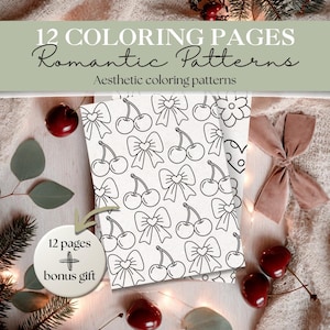 Romantic Pattern Coloring Pages | 12 Whimsical Love Designs + 3 Bonus Pages | Cozy Hearts, Bows, Cherries & Flowers | Digital Coloring Book