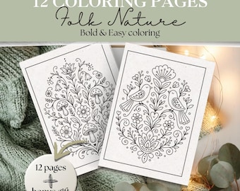 Folk Nature Coloring Pages Bundle | 12 Boho Woodland Designs, Mushrooms, Birds & Dragonflies Printable PDF | Adult Coloring Book #368