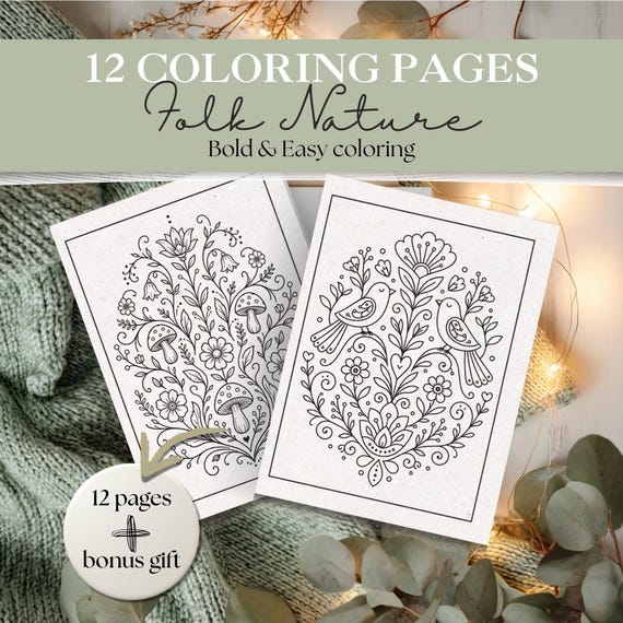 Folk Nature Coloring Pages Bundle | 12 Boho Woodland Designs, Mushrooms, Birds & Dragonflies Printable PDF | Adult Coloring Book #368