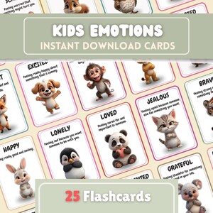 May include: A set of 25 flashcards for kids, featuring various emotions. Each card displays a cartoon animal expressing a specific feeling, such as happy, excited, or jealous, with a brief description. The cards are designed for instant download.