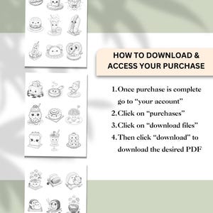 May include: Black and white line art illustrations of various food items, including a burger, sushi, and pastries. The image also includes instructions on how to download a purchase, with steps to access the account and download files.