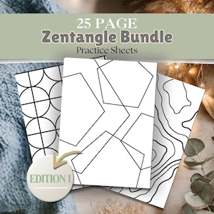 May include: A bundle of 25-page Zentangle practice sheets. The sheets feature black and white geometric patterns, including circles, polygons, and organic lines. The text "25 PAGE Zentangle Bundle Practice Sheets" is displayed at the top.