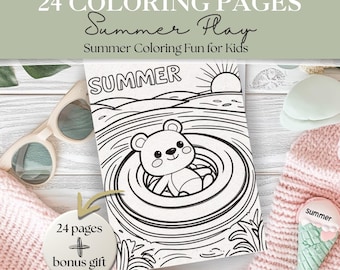 Dibujos para colorear de verano para niños / 24 páginas fáciles y divertidas + material adicional / Dibujos para colorear de verano / Dibujos para colorear en la playa / Actividades de verano / PDF instantáneo
