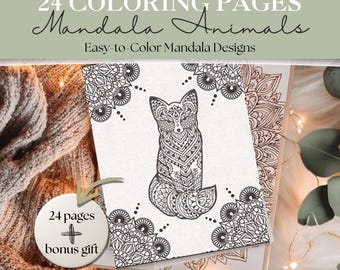 Mandala Animal Coloring Pages | 24 Pages + 3 Bonus Patterns | Mindfulness & Stress Relief Coloring | Geometric Mandala | Wildlife Coloring