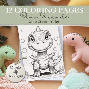Dino Coloring Pages for Kids | Gentle Dinosaur Printable Book | Kawaii Dinosaurs, Pastel Cute Dino Friends | 12 Pages + Bonus PDF Download