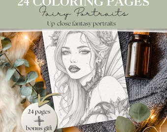 May include: A coloring book with the text "24 COLORING PAGES Fairy Portraits Up-close fantasy portraits" features a detailed pencil drawing of a fairy. A small bottle and a round tag with the text "24 pages + bonus gift" are also visible.