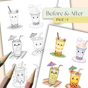 May include: A coloring page spread featuring various cartoon bubble tea designs. The designs include drinks with whipped cream, umbrellas, and fruit slices. The text "Before & After" and "PAGE #1" is visible.