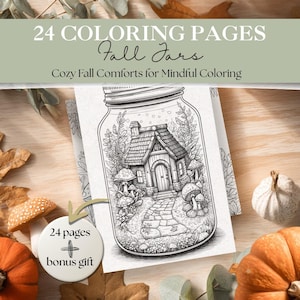 May include: A coloring book with the text "24 COLORING PAGES Fall Jars Cozy Fall Comforts for Mindful Coloring". The cover features a detailed illustration of a house inside a jar. Includes 24 pages and a bonus gift.