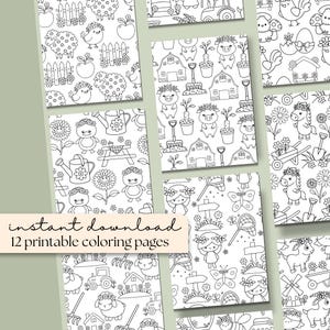May include: A collection of 12 printable coloring pages with various farm-themed illustrations. The pages feature images of sheep, chicks, pigs, flowers, and other related objects. The text "instant download" is visible.