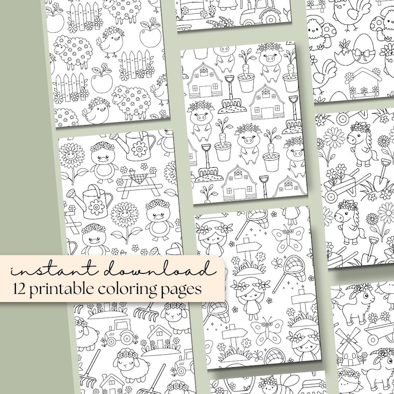 May include: A collection of 12 printable coloring pages with various farm-themed illustrations. The pages feature images of sheep, chicks, pigs, flowers, and other related objects. The text "instant download" is visible.
