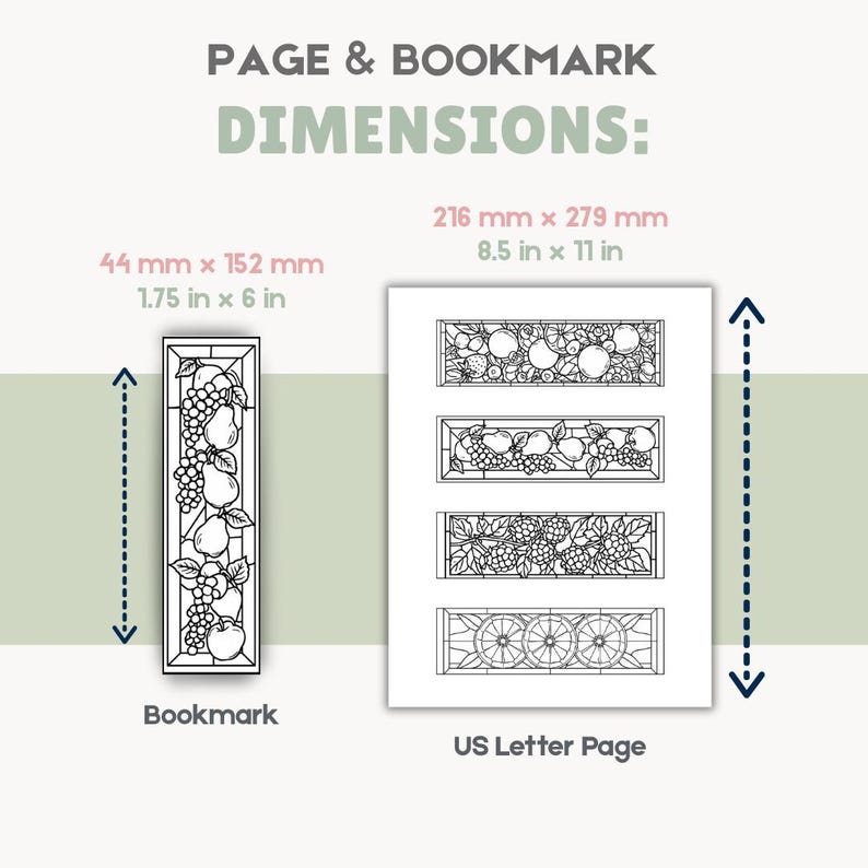 May include: A black and white bookmark with a fruit design, measuring 1.75 inches by 6 inches, and a US Letter page with fruit and wheel designs, measuring 8.5 inches by 11 inches. The image includes the text "PAGE & BOOKMARK DIMENSIONS:" and the word "Bookmark".
