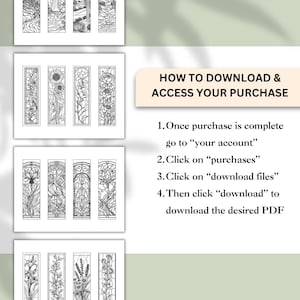 May include: A collection of black and white floral and landscape coloring pages. The image also includes instructions on how to download and access the purchase, with steps to go to "your account" and download the PDF.