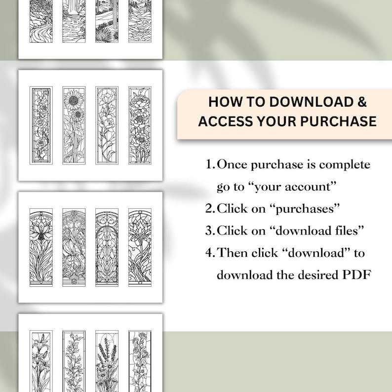 May include: A collection of black and white floral and landscape coloring pages. The image also includes instructions on how to download and access the purchase, with steps to go to "your account" and download the PDF.