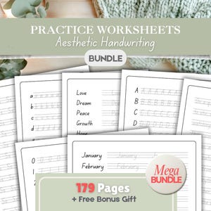 May include: A bundle of aesthetic handwriting practice worksheets. The worksheets include letter and word tracing exercises, with the words "Love", "Dream", "Peace", and "Growth". The bundle includes 179 pages and a bonus gift.