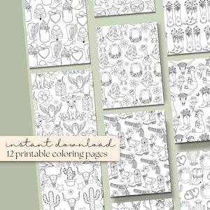 May include: A collection of 12 printable coloring pages with a Western theme. The pages feature various illustrations, including cowboy boots, hats, flowers, and other related imagery. The words "instant download" and "12 printable coloring pages" are visible.