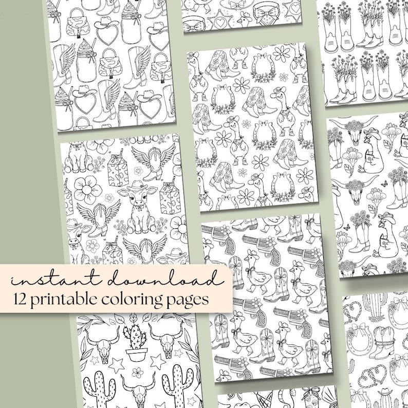 May include: A collection of 12 printable coloring pages with a Western theme. The pages feature various illustrations, including cowboy boots, hats, flowers, and other related imagery. The words "instant download" and "12 printable coloring pages" are visible.