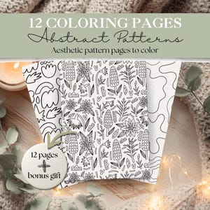May include: A stack of coloring pages with black and white abstract floral patterns. The text reads "12 COLORING PAGES Abstract Patterns Aesthetic pattern pages to color". A bonus gift is included.