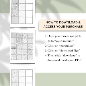 Peut inclure: Deux pages de motifs en noir et blanc, avec un guide sur la fa&ccedil;on de t&eacute;l&eacute;charger et d'acc&eacute;der &agrave; l'achat. Le guide comprend des &eacute;tapes telles que l'acc&egrave;s &agrave; "votre compte" et le clic sur "achats".
