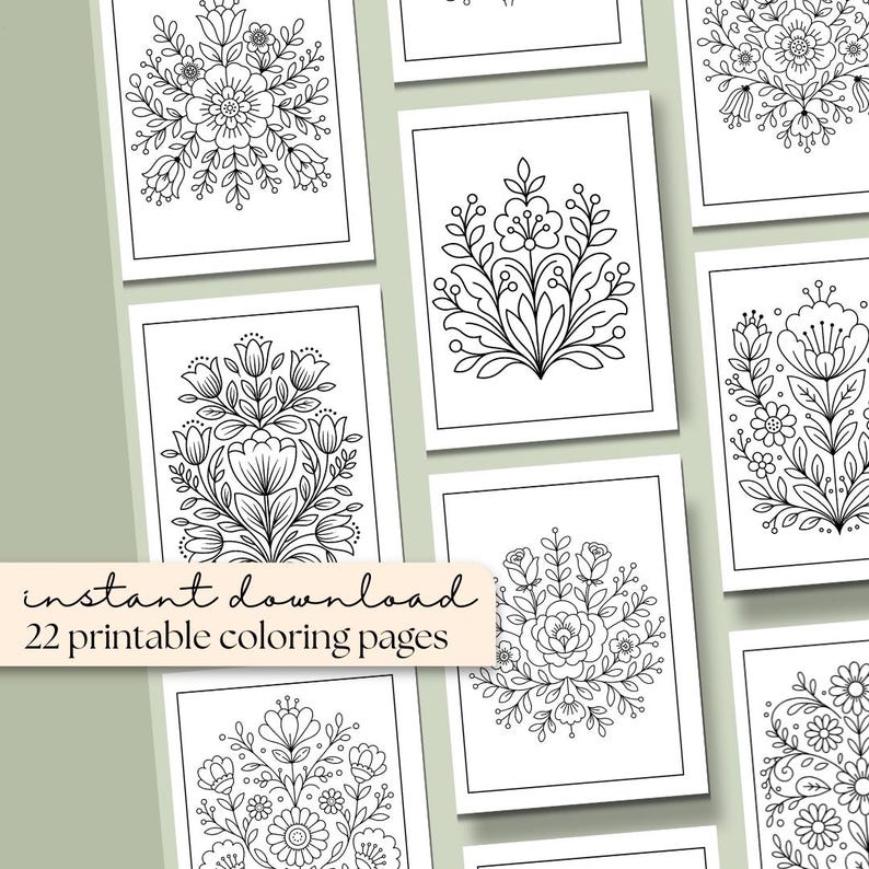 May include: A collection of 22 printable coloring pages featuring intricate floral designs in black and white. The phrase "instant download" and "22 printable coloring pages" is displayed on the image.