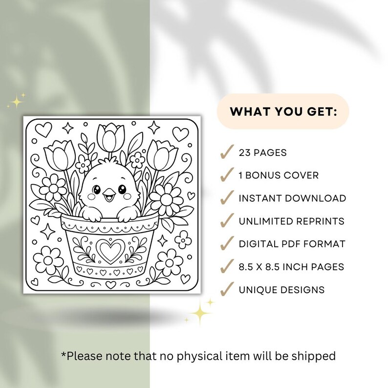 May include: Black and white line art of a cute chick in a flower pot, surrounded by flowers and hearts. The image is a digital download, with 23 pages, a bonus cover, and 8.5 x 8.5 inch pages. The text says "What You Get:" and lists the features.