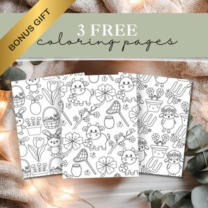 May include: Three black and white coloring pages with spring-themed illustrations, including bunnies, cows, and flowers. The pages are labeled "3 FREE coloring pages" and include a "BONUS GIFT" banner.