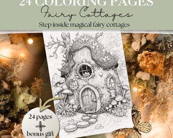Páginas para colorear de cabañas de hadas mágicas / 24 cabañas de fantasía extravagantes / Casas de hadas / Versiones claras y oscuras / Libro de colorear encantado para adultos