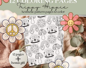 Trippy Hippie Pattern Coloring Pages | 12 Groovy Retro Pattern Sheets | Peace Signs, Flowers, Mushrooms | Easy Coloring | Digital Download