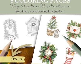 Tiny Winter Illustrations Coloring Pages | 45 Mini Designs | Snowy Christmas Holiday Season Aesthetic Coloring | Cozy Holiday Mini Scenes