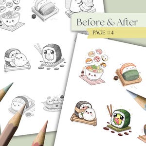 May include: A page from a coloring book featuring sushi illustrations. The image shows various sushi rolls and bowls of food, some in black and white and others in color. The text "Before & After" and "PAGE #4" is visible.