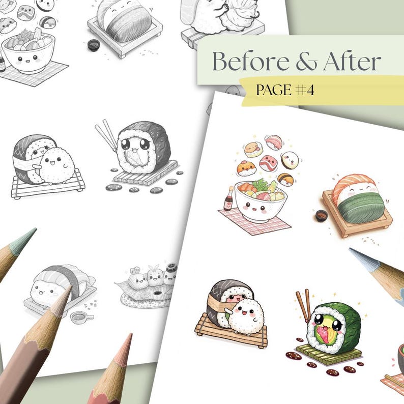 May include: A page from a coloring book featuring sushi illustrations. The image shows various sushi rolls and bowls of food, some in black and white and others in color. The text "Before & After" and "PAGE #4" is visible.