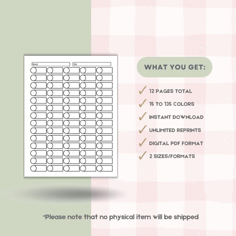 May include: A black and white printable checklist with a grid of circles and rectangles. Text on the right side lists features: 12 pages total, 15 to 135 colors, instant download, unlimited reprints, digital PDF format, and 2 sizes/formats.