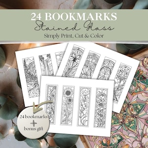May include: A collection of 24 printable bookmarks with stained glass designs. The bookmarks feature intricate black and white illustrations of nature scenes and floral patterns. The text on the image reads "24 Bookmarks Stained Glass Simply Print, Cut & Color".