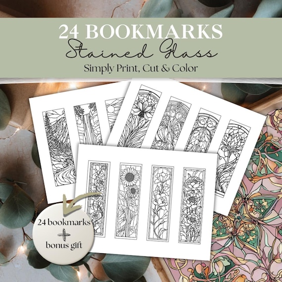 Printable Coloring Bookmarks | Color Your Own Bookmarks | 24 Stained Glass Nature Bookmarks to Color | DIY Bookmark Coloring Pages | PDF