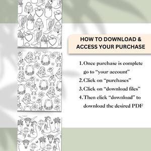 May include: Three black and white pattern designs featuring cowboy boots, hats, and other western-themed illustrations. The image also includes instructions on how to download and access a purchase, with numbered steps and text.